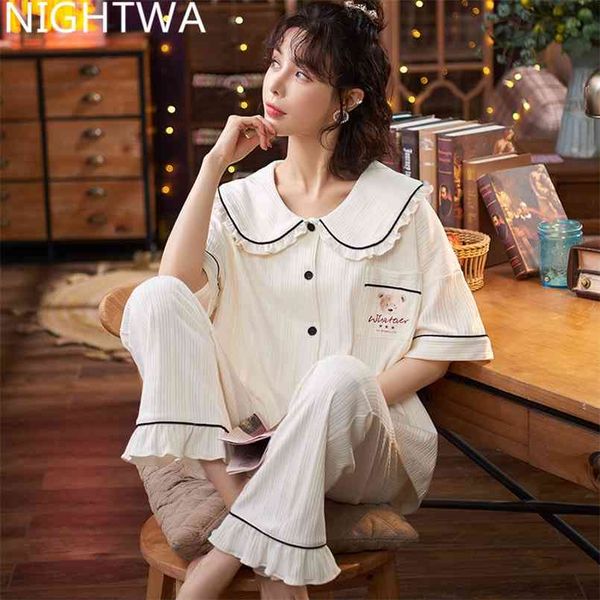 NIGHTWA Pigiama da donna in cotone con colletto rovesciato Maniche corte Sleepwear Donna Summer Cartoon Bears Homewear Cute 210809