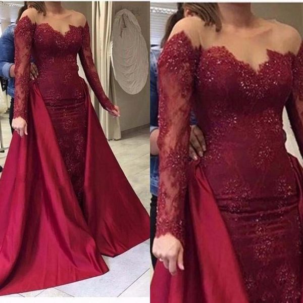 

burgundy mermaid evening dresses with overskirt 2021 arabic sheer neck sequins long sleeves prom dress satin and lace party gowns, Black;red