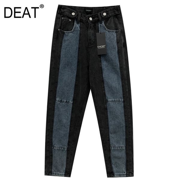 

[deat] spliced hit color pocket wide leg jeans new high waist loose women trousers fashion tide spring autumn 13p307 210430, Blue