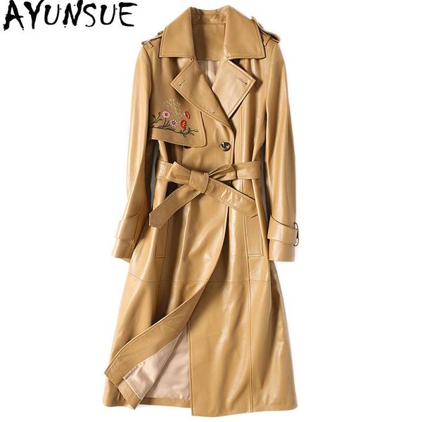 

real sheepskin coat women long autumn genuine leather jacket embroidery double breasted trench female with belt dlf5809 women's & faux, Black