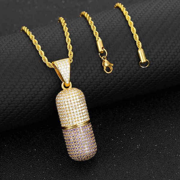 

2021 new ice out capsule pill pendant necklaces gold sweater chain necklace choker for women hip hop punk crystal jewelry gift x0509, Black
