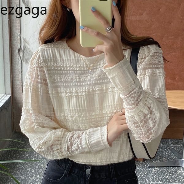 

ezgaga french style elegant shirts women autumn new long puff sleeve o-neck hollow out lace flower lady blouse tender 210430, White