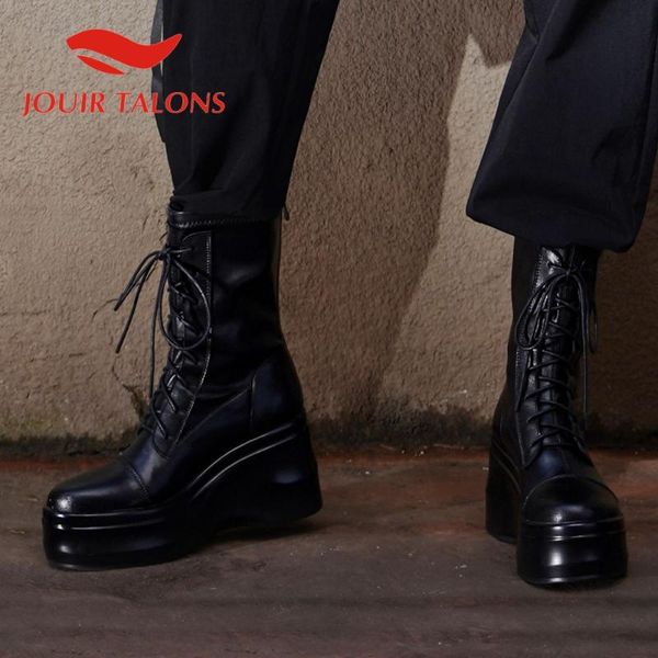 

boots jouir talons female shoes genuine leather wedges heels round toe cross-tied platform solid, Black