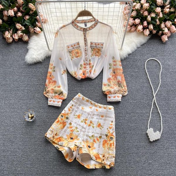 

women's tracksuits summer fashion long sleeve thin chiffon shirt + printed wide-legged shorts two-piece sets s978, Gray