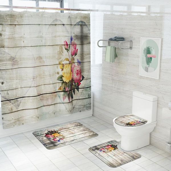 

bath mat and shower curtain set 4pcs striped floral printed bathtub anti slip mats toilet rugs absorbent water carpets