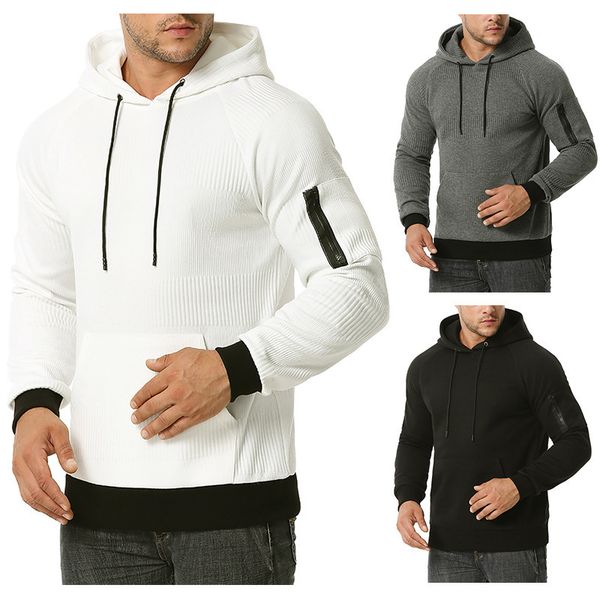 

striped sweatshirt mens brand long sleeve hoodies men solid casual pocket oversized sweatshirts zipper decoration pullover 210524, Black