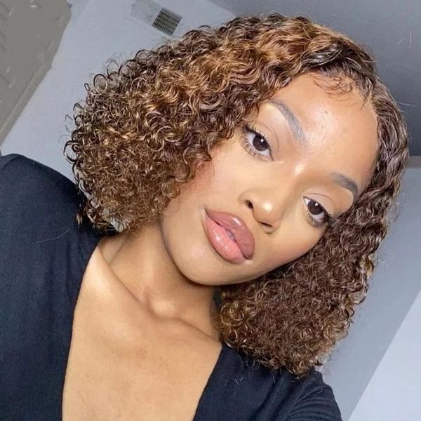 

Highlighted Color Kinky Curly Brazilian Lace Front Wig Ombre Brown Short Bob Synthetic Wigs with Baby Hair for Women, Blonde