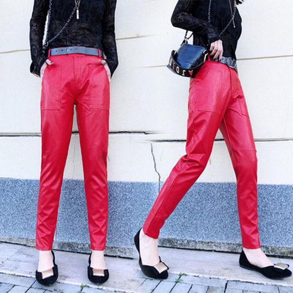 

women's pants & capris women' pu leather spring and autumn korean version of high waist slim temperament base wear small feet harl, Black;white