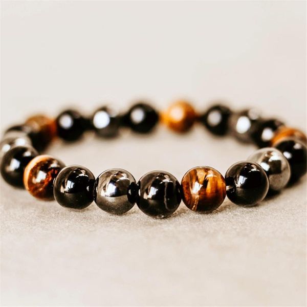 

beaded, strands triple protection bracelet 8/10mm round bead hand chain jewelry gift for men women d88, Black