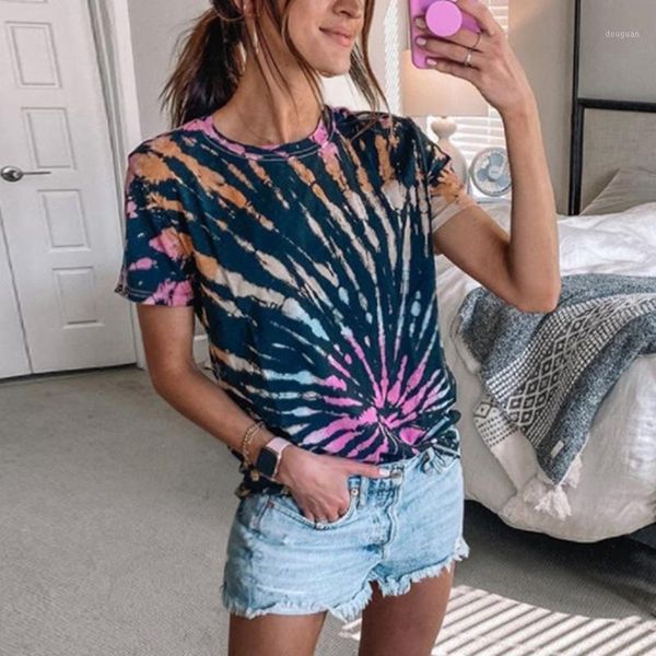 

women's t-shirt summer round neck short-sleeve tie-dye printed black xl size, White