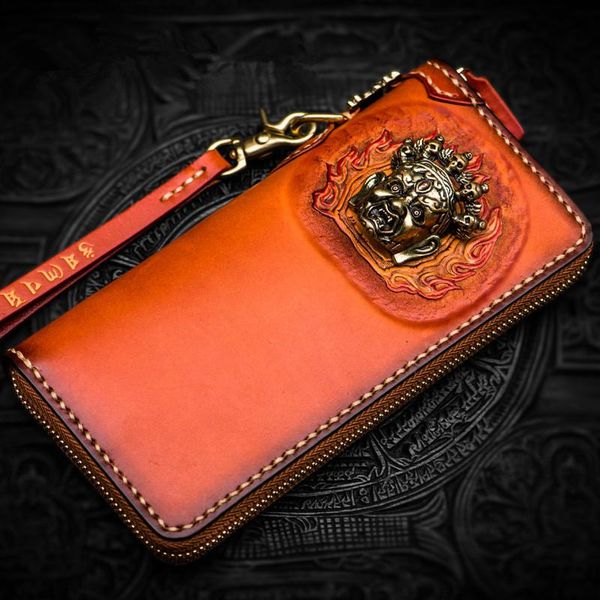 

wallets women men handmade genuine leather carving purses long clutch vegetable tanned wallet, Red;black
