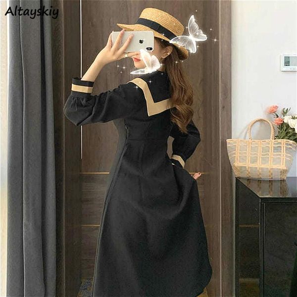 

casual dresses women patchwork teens sailor collar all-match chic design classy feminino preppy korean long sleeve midi students ins, Black;gray