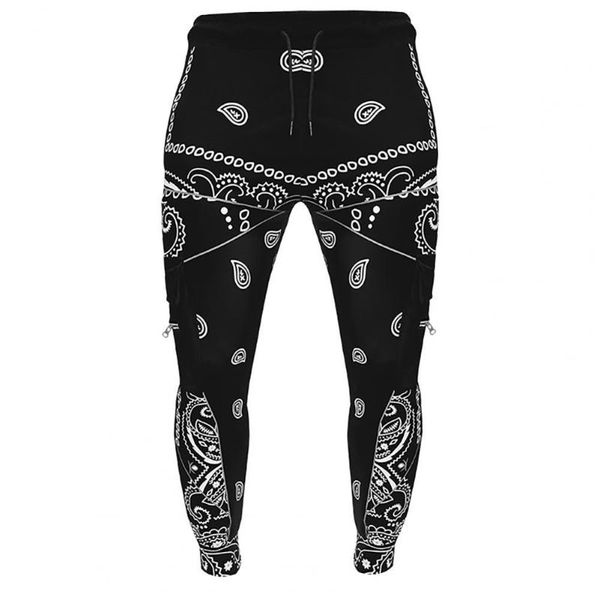 

men harem pants printed multi pockets drawstring ankle tied cargo trousers for sports men's, Black