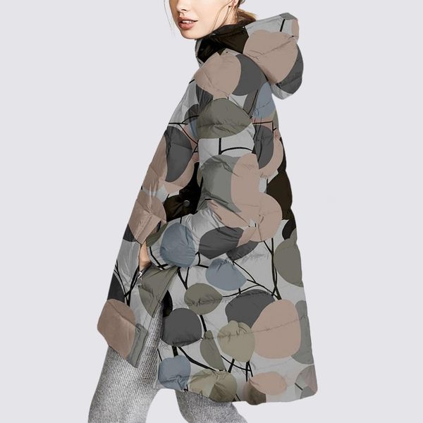 

fashion print temperament down jacket women's middle and long winter 2021 new hooded warm, Black