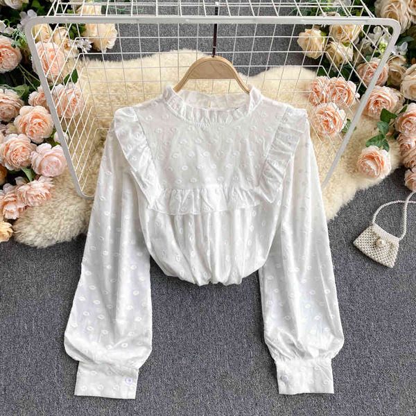 

sweet white polka dot women blouse elegant puff long sleeve ruffle collar loose shirt female casual spring autumn 210426