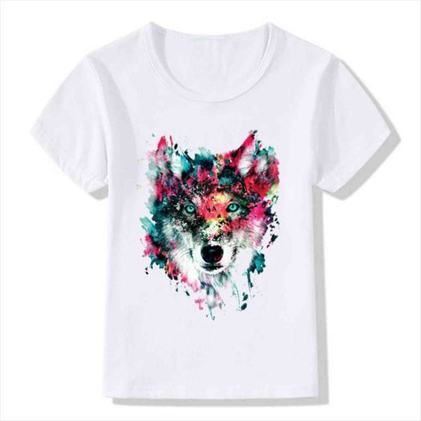 

children watercolor wolf print funny t shirt girls boys summer kids clothes casual baby, Blue