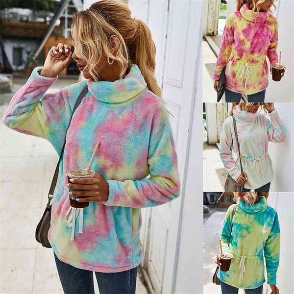 

casual tie dye print plush sweatshirts women autumn winter turtleneck contrast color tunic pullover hoodies flannel outwear 210522, Black