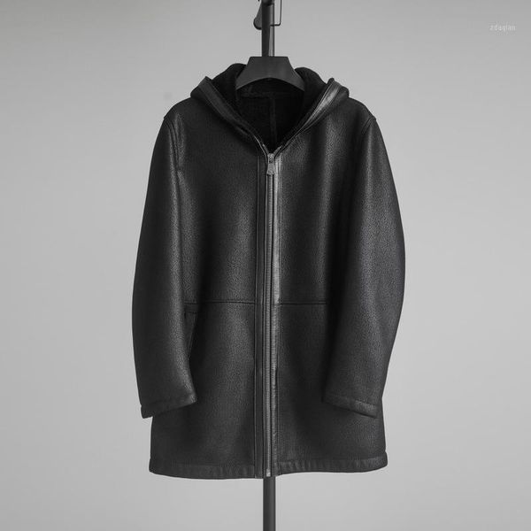 

men's leather & faux fur in one sheepskin wool jacket coat hooded, Black