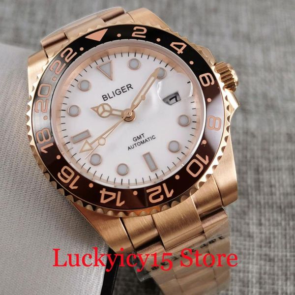 

wristwatches rose gold bliger automatic men watch sapphire glass gmt hand ceramic bezel deployment clasp date window, Slivery;brown