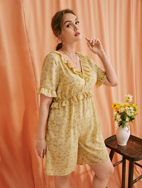 

plus ditsy floral ruffle trim flounce sleeve romper g0yh#, Black