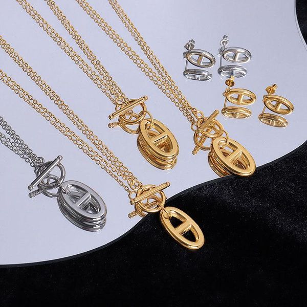 

earrings & necklace romantic ot button pig nose for women pendant chain jewelry set valentine's day gift collier femme, Silver