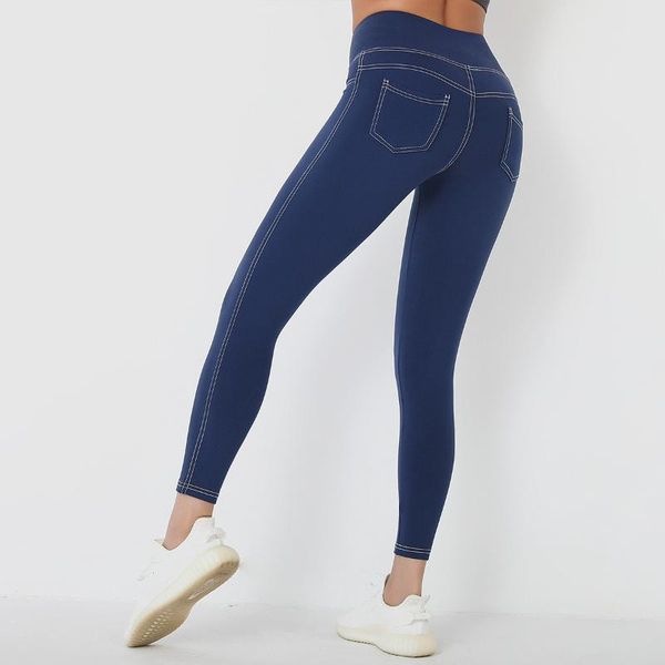 

sports pants high waist lift hip yoga leggings women imitation denim pockets workout fitness trousers gym running tights outfit