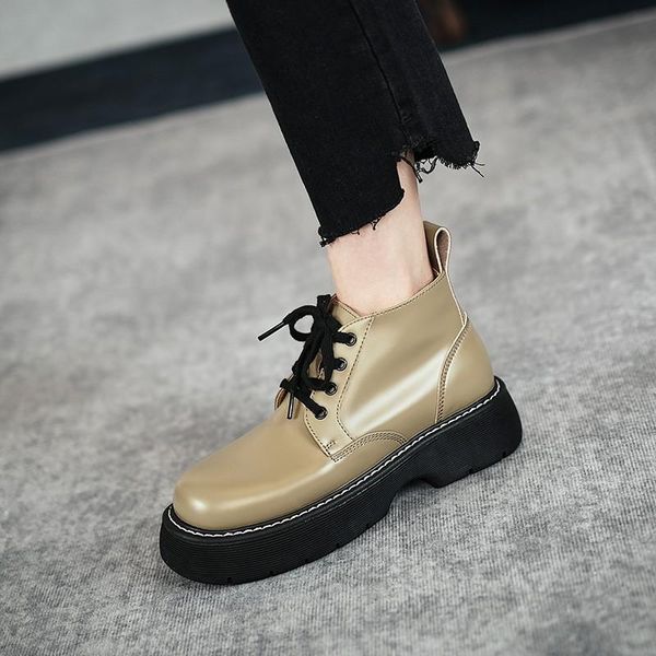 

boots british style student thick bottom motorcycle women split leather lace up flat platform cross-ties ankle woman, Black