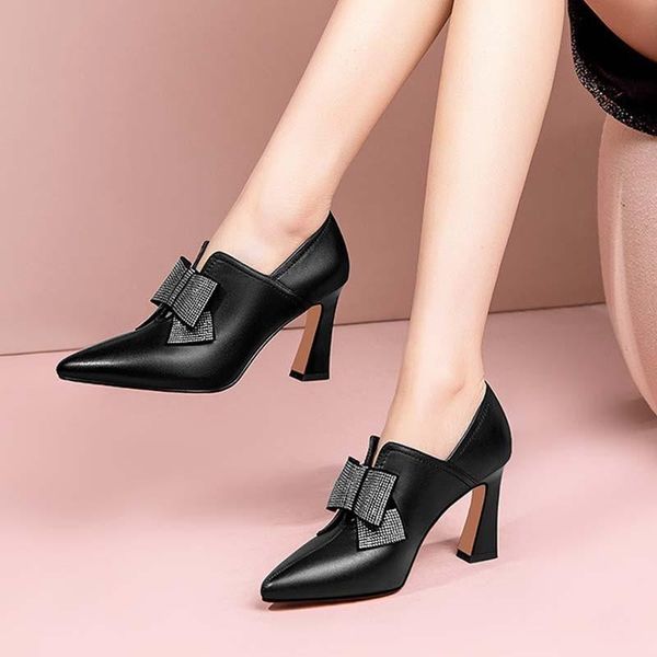 

dress shoes women leather spring autumn high heels 2021 fashion rhinestone pumps elegant thin heel black pointed toe female
