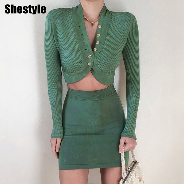 

shestyle 2021 autumn sweater cardigans women knited button up solid elastic green apricot asymmestical crop texture coatb, Black;white