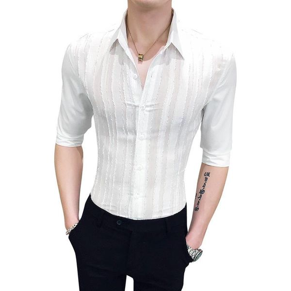 

men's casual shirts 2021 spring and summer hollow sleeved flower shirt korean trend lace five-point sleeve, White;black