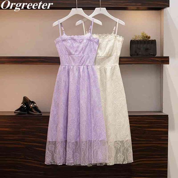 

plus size summer elegant purple lace dress floral embroidery sleeveless spaghetti strap white slim a-line women 210525, Black;gray