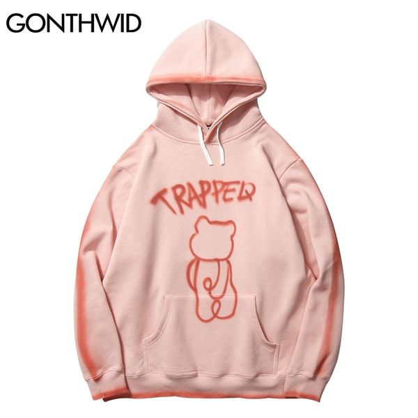 

gonthwid graffiti trapped bear tie dye hoodies streetwear hip hop harajuku casual pullover hooded sweatshirts men women 210715, Black