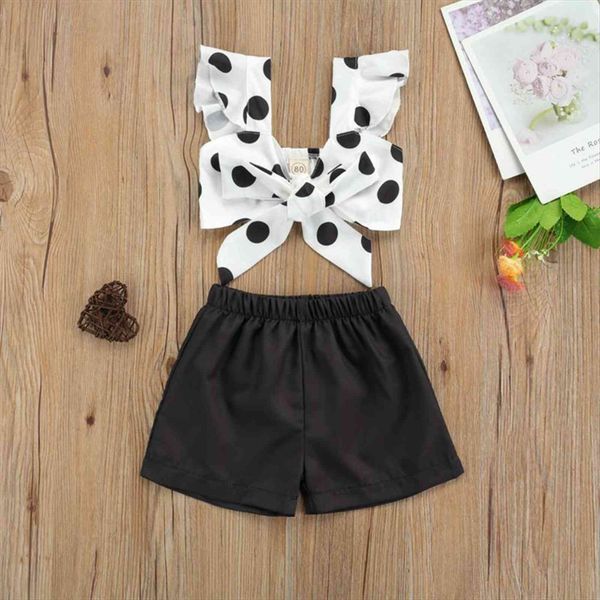 

baby girl newborn 2pcs clothes set short sleeve v neck navel tank polka dot pattern elastic waist shorts for 1, White