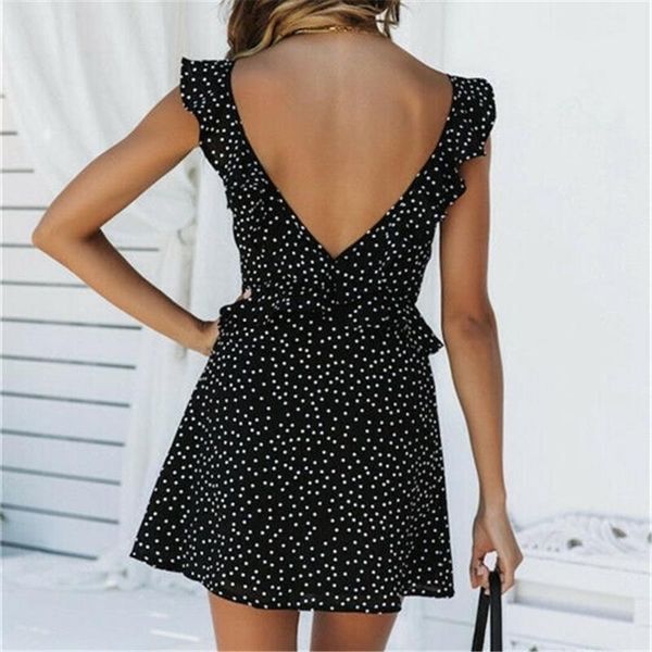 

casual dresses womens summer boho sleeveless ruffled polka dot mini dress lady vintage holiday beach party clubwear sundress, Black;gray