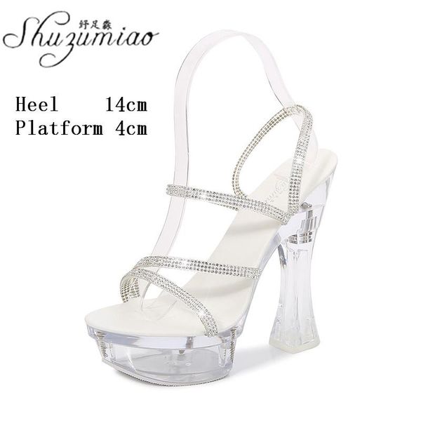 

dress shoes rhinestone 14 cm clear crystal thick heel slipper platform super high sandals model party nightclub women slides, Black