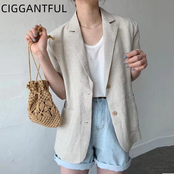 

women's jackets korean spring summer women cotton linen short sleeve jacket 2021 loose casual solid color vintage coat outerwear, Black;brown