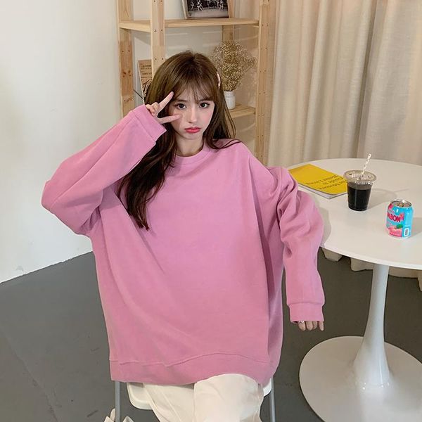 

women's hoodies & sweatshirts solid color loose autumn long-sleeved round neck he oh yo mid-length sweatshirt women drop shoulder sleev, Black