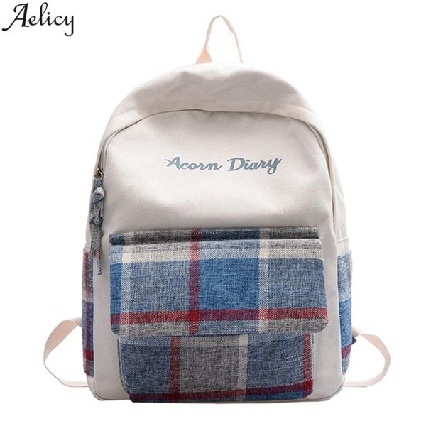 

backpack aelicy ladies fashion college style canvas lattice school bag letter zip solid color bucket travel soft