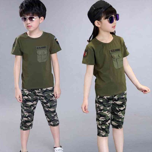 

summer children military camouflage clothing boy t-shirt shorts 2pcs set girl cotton army green sports print pant suit, White