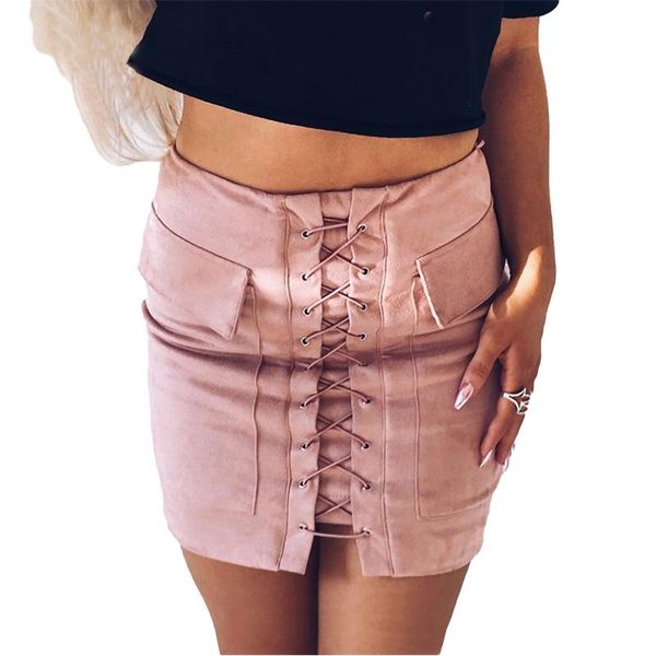 

saimishi suede mini skirt bodycon women 2021 autumn winter lace-up pockets zipper high waist split short skirts, Black