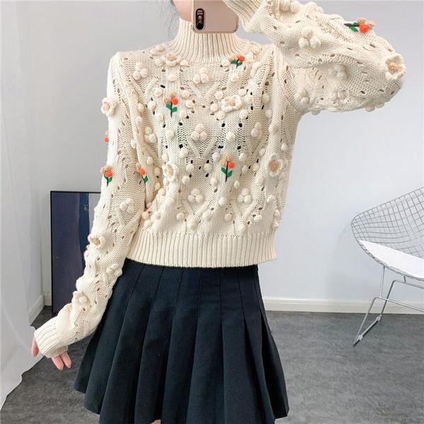

women's sweaters autumn winter turtleneck sweater cropped pullover 3d floral appliques hairball hollow out women jumpers fall, White;black