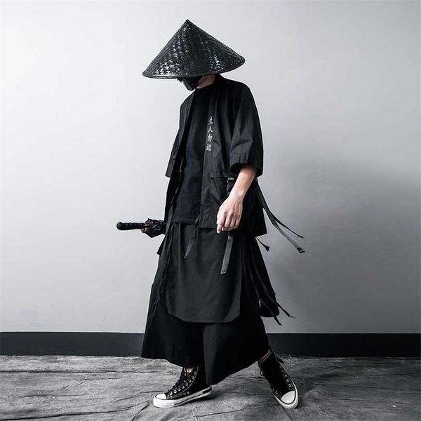 Giacca da uomo per Hip Hop Jacker Punto aperto Cappotto sottile Giacca a vento Streetwear Nastri Samurai giapponese Cotone sciolto 211217