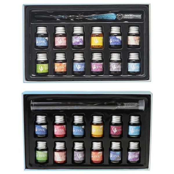 

crystal starry sky glass ink pen dip for writing fountain set gift b2ef refills, Black;red