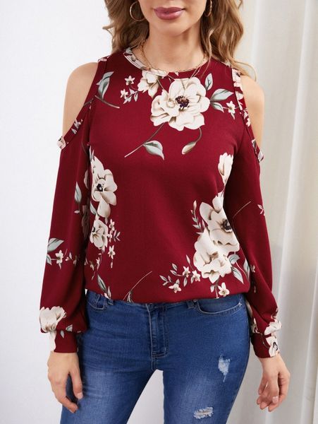 

cold shoulder floral print pullover z93y#, White;black