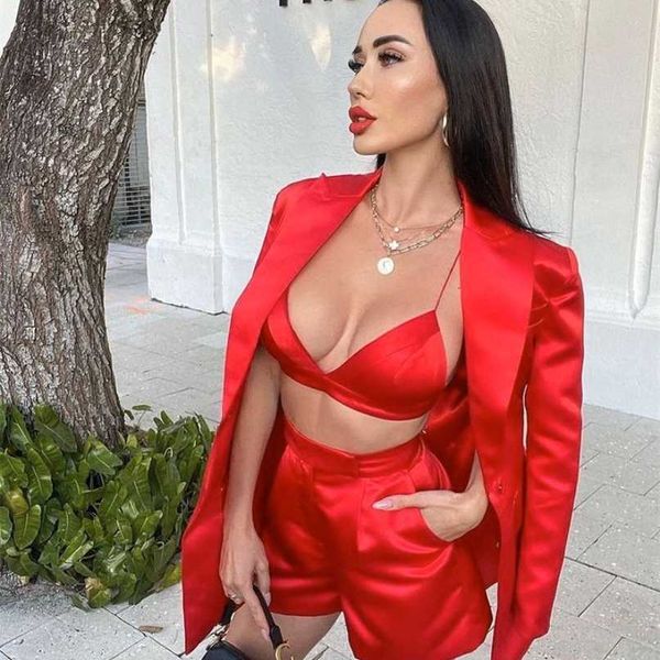 

high street autumn red v neck full sleeves three pieces set elegant women celebrity party fashion wear 211105, White