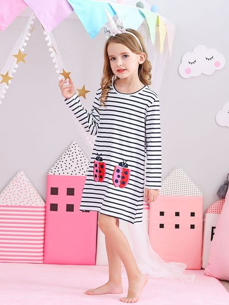 

girls striped ladybug embroidered tee dress she, Red;yellow