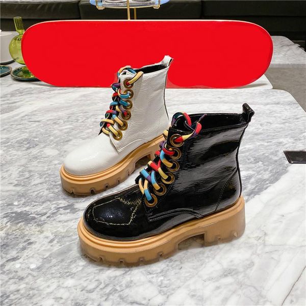 

boots deat 2021 spring summer fashion casual patent leather rainbow lace thick bottom muffin slope heel shoes women sh548, Black