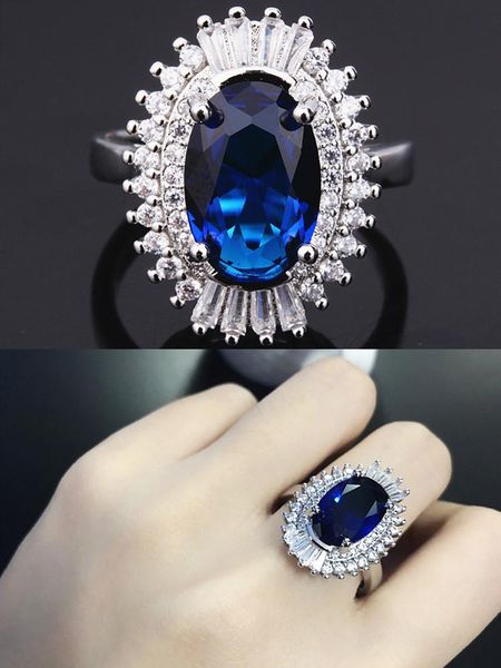 

cluster rings luxury big blue crystal sapphire gemstones diamonds for women white gold silver color jewelry bijoux precious bague gifts, Golden;silver