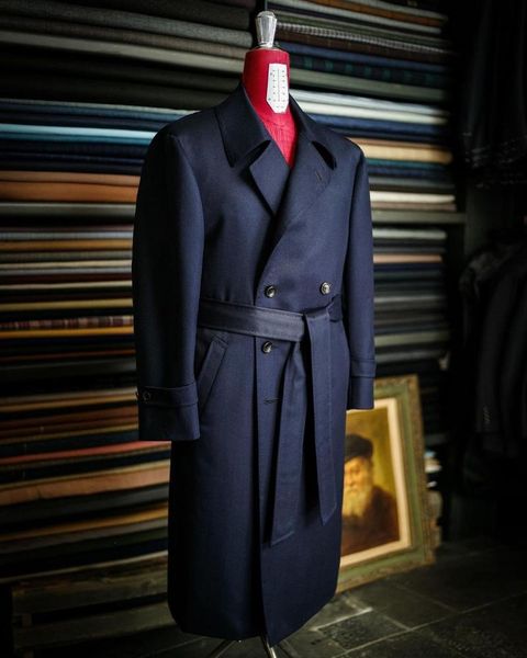 

men's wool & blends man's winter jacket with belt 2021 long trench navy blue coat wide notch lapel loose sleeves custom made, Black