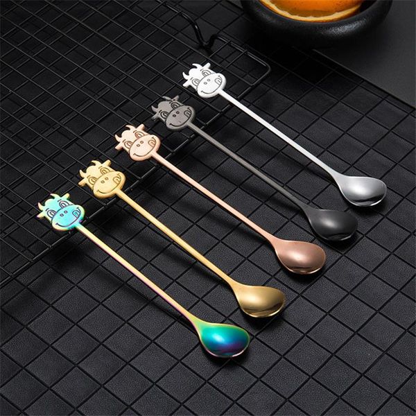 

spoons creative bull head stainless steel spoon cartoon coffee dessert ice cream stirring round teaspoon kitchen accessories